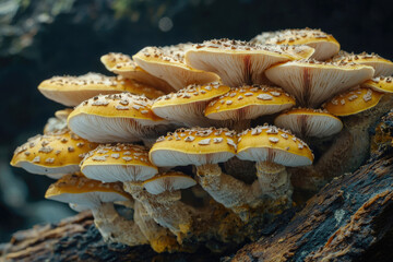 Cluster of vibrant yellow mushrooms with speckled caps growing on a dark log.