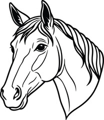 Black vector silhouette of a horse head illustration with a flowing mane, perfect for a logo, icon, or tattoo design