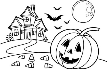 Illustration of a haunted house with a pumpkin bats moon and candy for a halloween coloring page