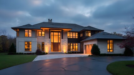 Contemporary suburban home at dusk, warm interior lights glowing through the windows.