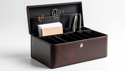Dark brown synthetic leather stationery organizer, sleek design with compartments for pens, sticky notes, and paper clips, plain white background, soft shadow at the bottom, premium feel