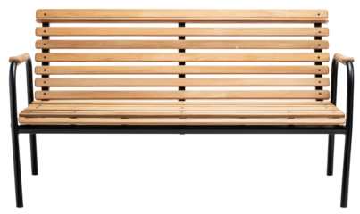 Light brown wooden slatted bench with black metal frame