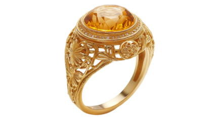 A gold wedding ring adorned with a large beige diamond, displayed on a white background or transparent png