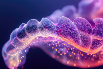 Abstract digital artwork depicting a flowing, luminous, purple and orange mesh network with glowing particles.