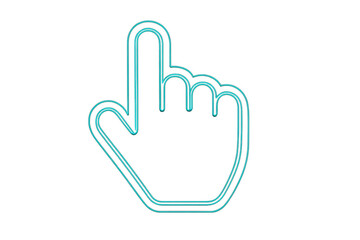 Neon blue hand cursor pointing index finger, selecting digital interface element on transparent background for web design