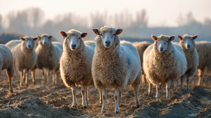 Fototapeta premium A herd of sheep on a farm in soft morning light clean image farm animals livestock agriculture rural countryside nature wildlife animals mammals fur