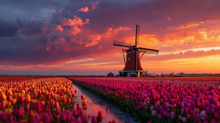 A classic windmill stands in a field of vibrant tulips under a blazing sunset sky. A waterway runs alongside
