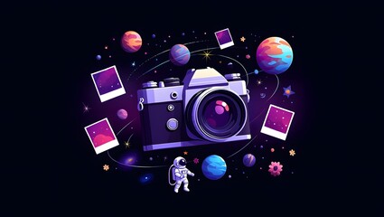 Retro camera captures cosmic wonders with astronaut and planets