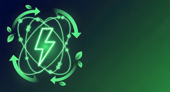 Vibrant neon green lightning bolt symbolizing clean energy within a circular arrow and leaf motif, representing sustainable power and ecological balance