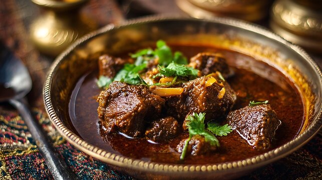 Mutton curry with rich gravy served in bowl traditional Indian recipe deep color and texture food visual