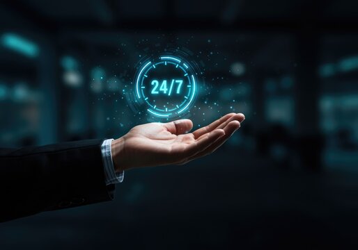 Hand displaying a glowing blue 24 7 service hologram with a blurred background.