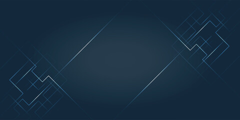 Abstract geometric background with a symmetrical futuristic pattern of glowing white and blue lines on a dark background. Minimalist and modern.