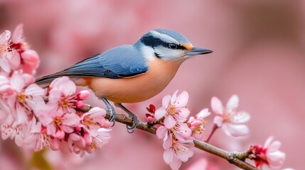 A nuthatch on a branch full of fresh spring blossoms in a garden. Soft flowers and tender leaves create a peaceful scene.