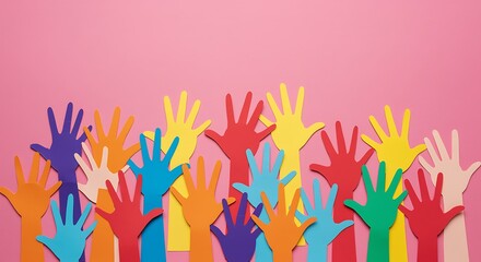 A vibrant display of colorful paper hand cutouts against a pink background creating a cheerful scene