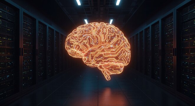 Glowing digital brain hologram floating in a futuristic server room.