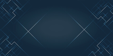 Abstract geometric background with a symmetrical futuristic pattern of glowing lines on a deep blue backdrop. A minimalist design for technology themes.