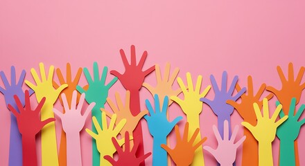 Colorful paper hands raised against a pink background in a display of unity and diversity