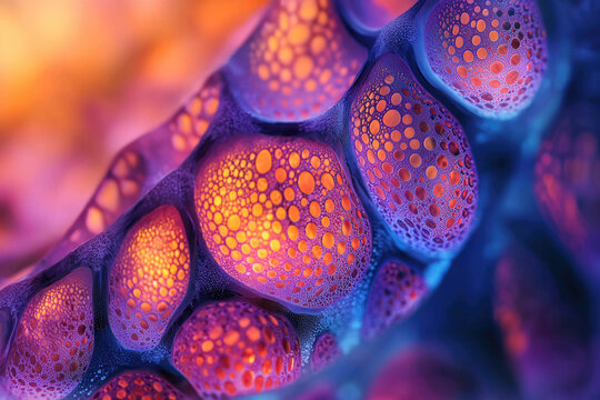 Abstract image of vibrant purple and orange organic cellular structure, resembling a microscopic view of life.