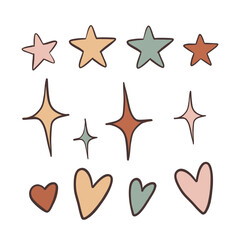 Handdrawn decorative stars, hearts and sparkles in pastel colors. Great for stickers, kids design and illustration elements.