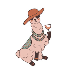 Stylish llama wearing hat and holding wine glass. Perfect for party themed illustrations, funny cards and celebration prints. © Katsiaryna