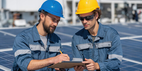 Two engineers in blue uniforms and helmets inspect solar panels on rooftop, discussing data with clipboard
