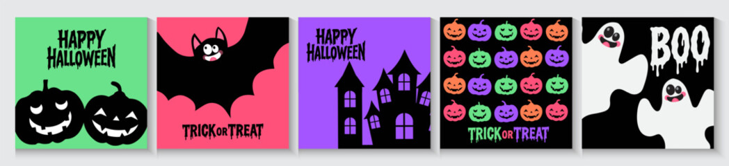 Happy halloween with spooky cartoon cards or banners with bats, pumpkins, ghosts,  cute and funny halloween style. Scary halloween isolated poster background, city panorama in halloween background