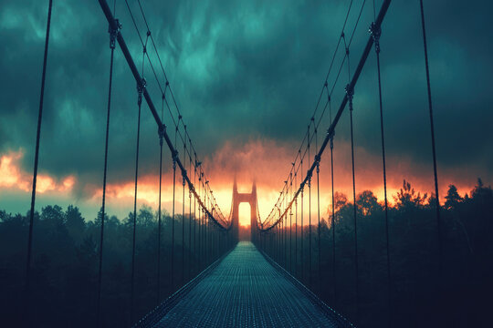 A suspension bridge at sunset, shrouded in fog and dramatic clouds, leading towards a mysterious destination.