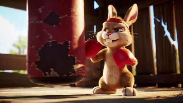Animated rabbit boxing practice in shed
