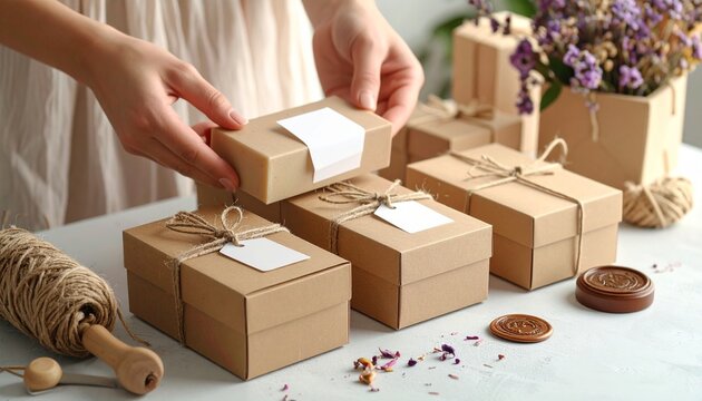 A woman's hands placing a blank white label on a small kraft paper gift box on a table with wrapping supplies. - Powered by Adobe
