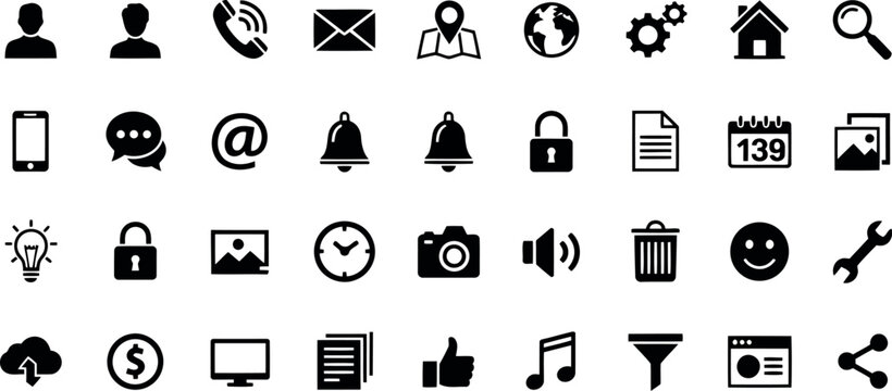 Vector art of set of flat black icons representing various digital services, communication tools, and business elements, isolated on white background transparent background