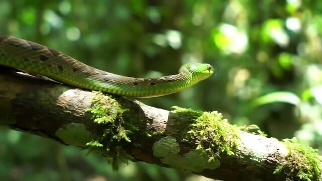 Elegant Green Parrot Snake Slithering on Mossy Branch in Rainforest