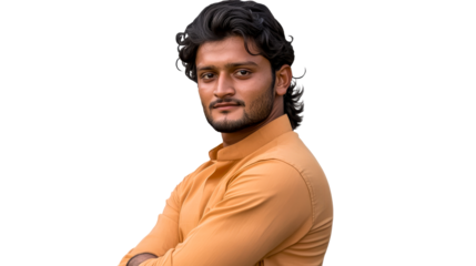 Man poses confidently with arms crossed on transparent background