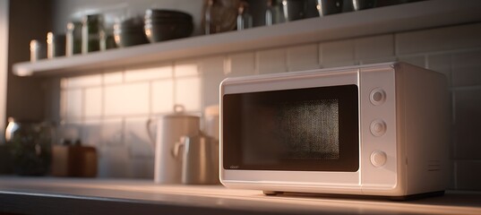 Obraz premium Microwave oven on the right, kitchen shelf defocused behind, left for logo 