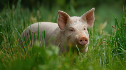 Fototapeta premium Pig in Lush Green Meadow