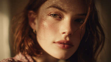 A close-up photo captures red hair with warm ambient light highlighting strands. Earrings are visible on the ear, and a patterned fabric is part of the scene.