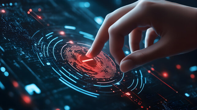 A finger touching a glowing red and blue circular interface on a dark futuristic surface design