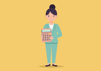 Cartoon Woman in Suit Holding Calculator on Yellow Background