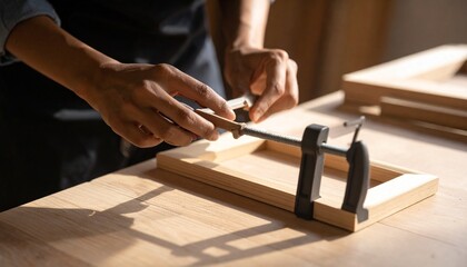 A carpenter's hands carefully tighten a metal clamp on a wooden frame on a workbench.