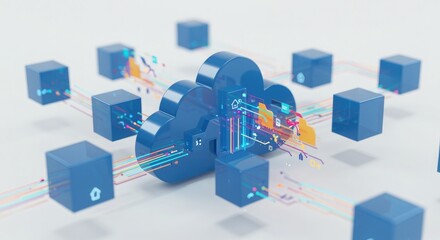 Digital cloud computing network with data flow and connected servers.