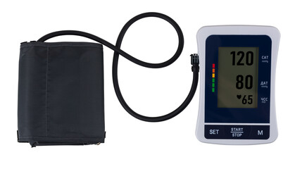 modern tonometer on blue background, pressure 120 to 80 on monitor.