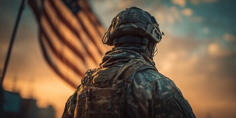 A soldier in camouflage gear stands resolutely in front of an American flag at sunset. The image conveys themes of duty, patriotism, and readiness.