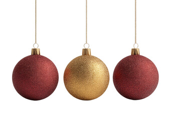 Three Christmas ornaments, gold and burgundy, hanging