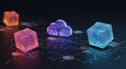 Glowing crystal shapes and cloud symbol on circuit board with futuristic lighting.