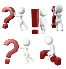 3D stickman models with question mark, exclamation mark. Various perspectives and poses. 3D render.