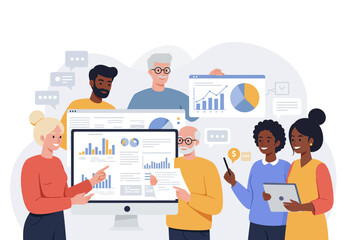 Diverse Team Analyzing Data and Charts on Computer Screens and Tablets