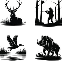 Hunting Scene Silhouettes Deer Hunter Duck Boar