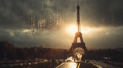 The Eiffel Tower stands in front of a rainy window at sunset, with droplets blurring the view and cars driving on the street below under the cloudy sky.