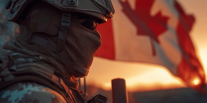 A soldier in camouflage gear stands resolute, the Canadian flag visible in the background. The image evokes duty, honor, and national pride.