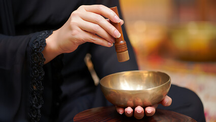 Hands playing a tibetan singing bowl for meditation and healing