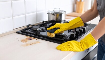 A person in yellow rubber gloves uses a sponge to clean a dirty stain on a kitchen countertop next to a gas stove.
